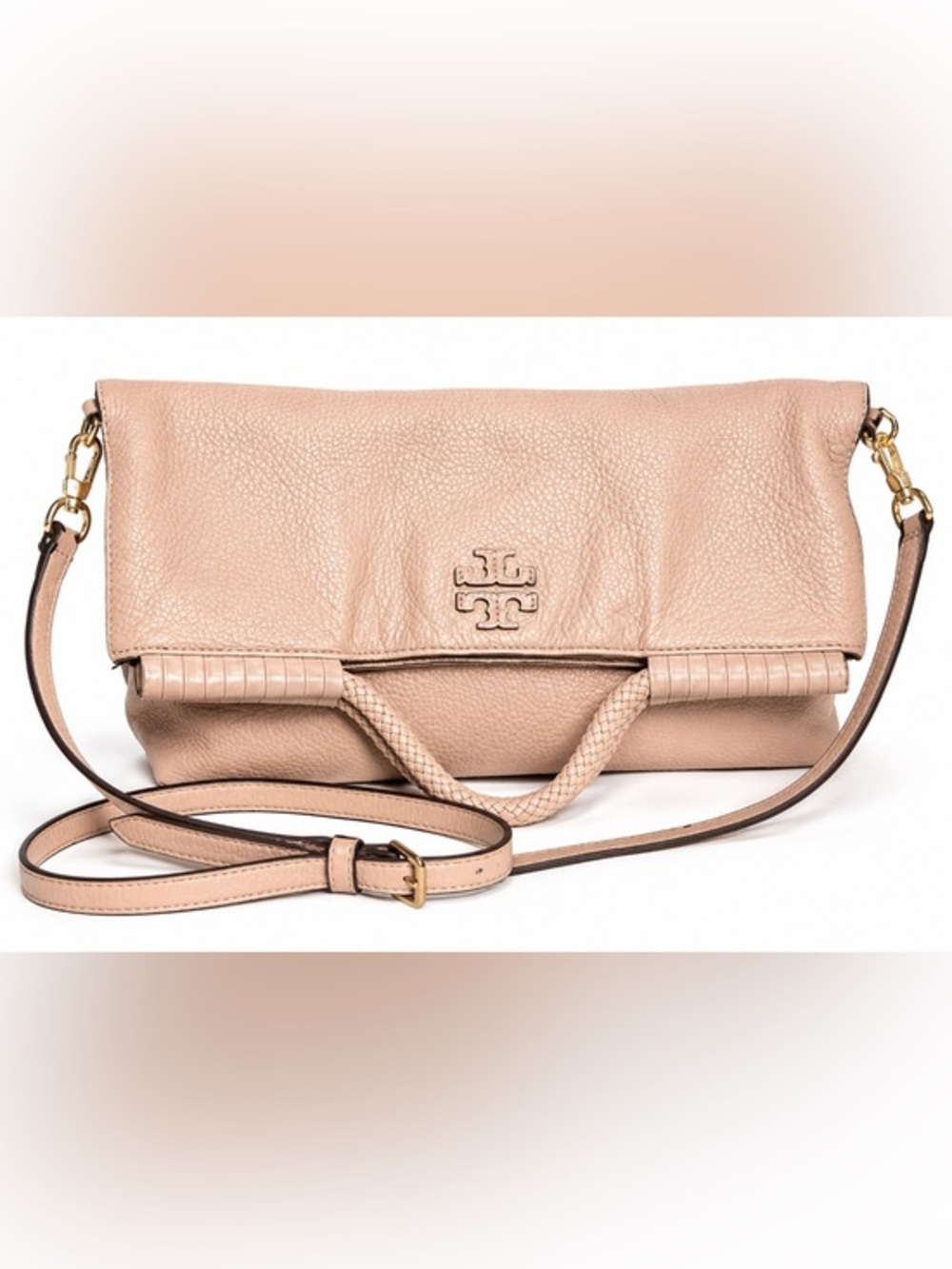 Tory Burch Blush Fold-Over Leather Crossbody Satchel Shoulder Bag